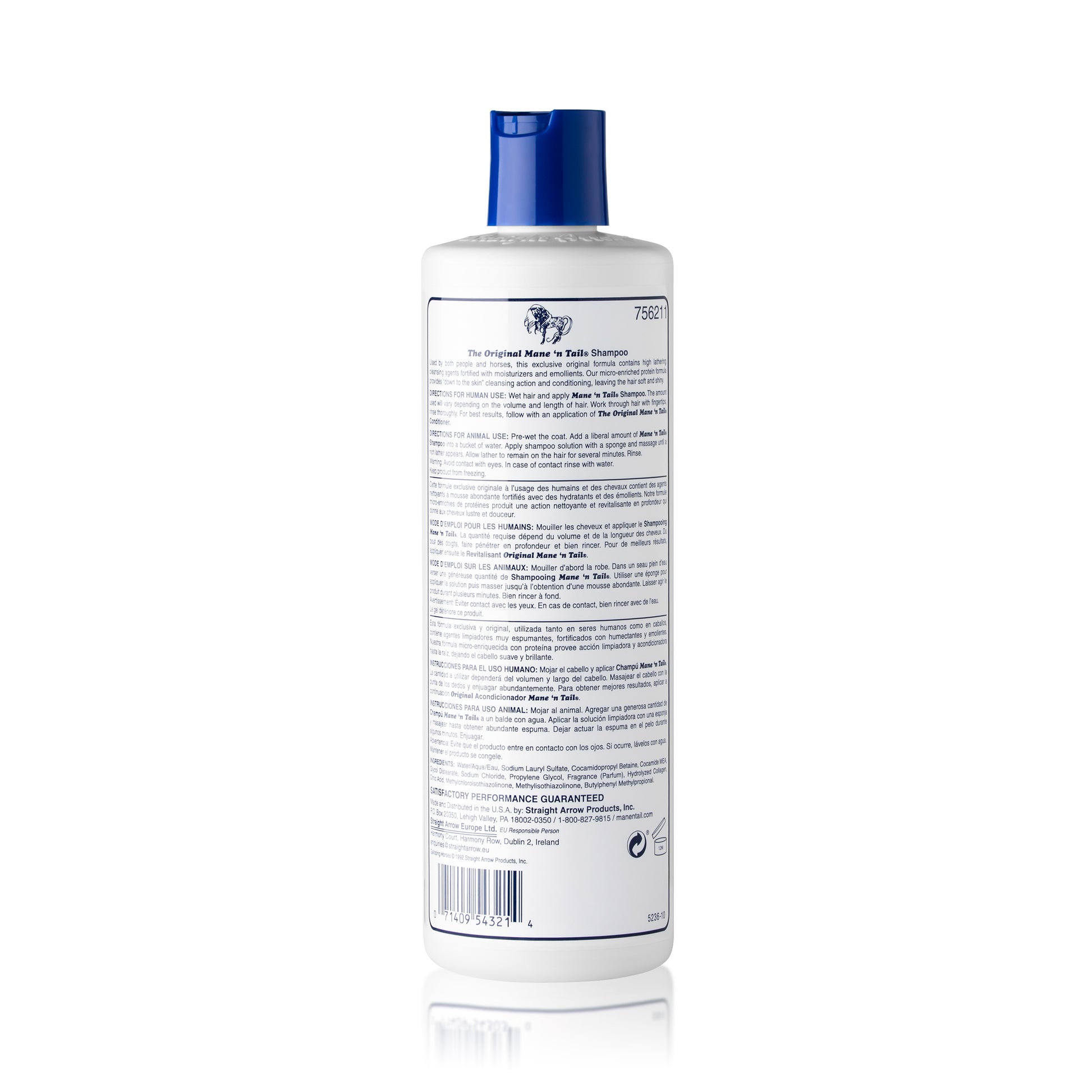 Back of branded Mane 'n Tail 12 Ounce Original Mane 'n Tail and Body Shampoo. On a white background