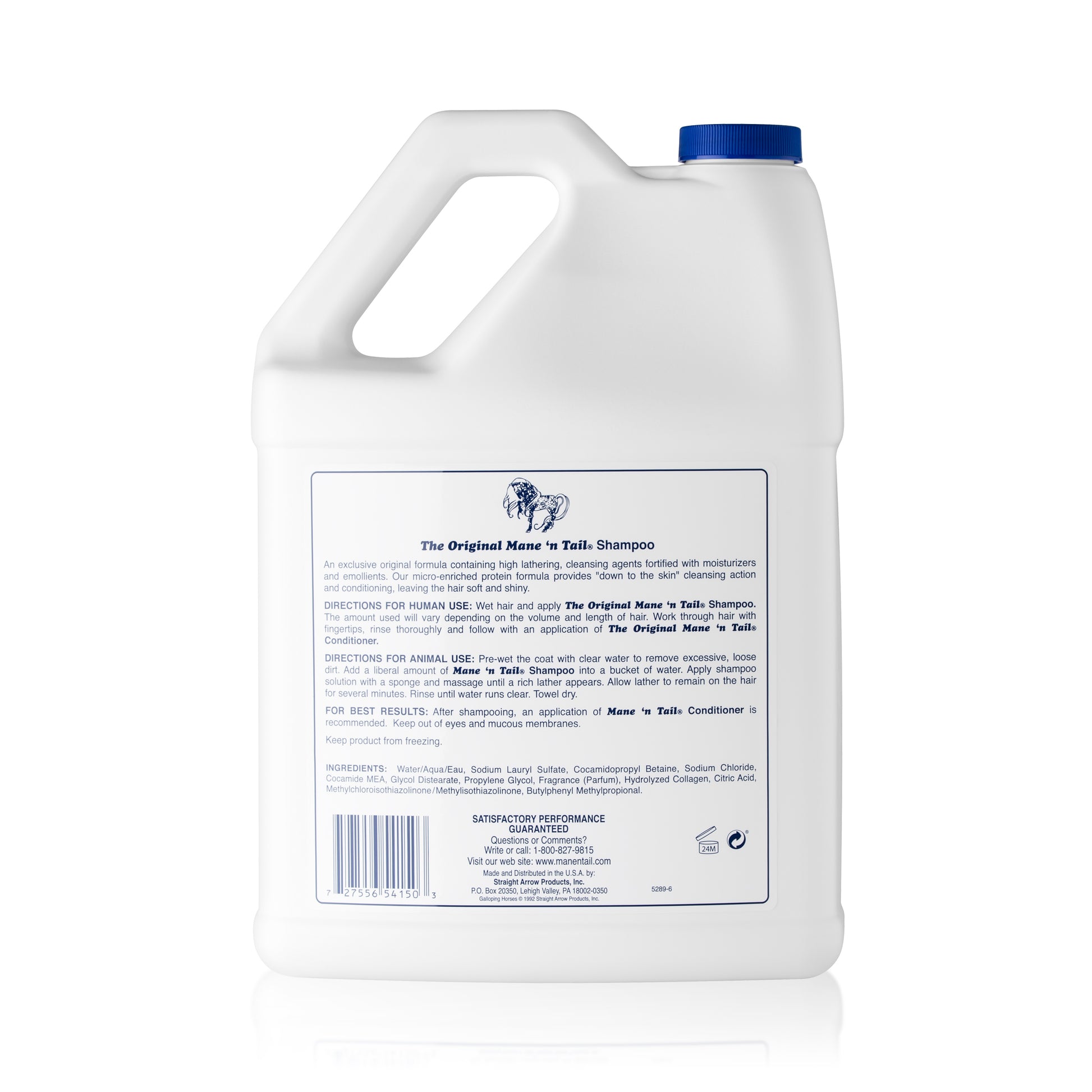 Back of branded Mane 'n Tail 1 Gallon Original Mane 'n Tail and Body Shampoo. On a white background