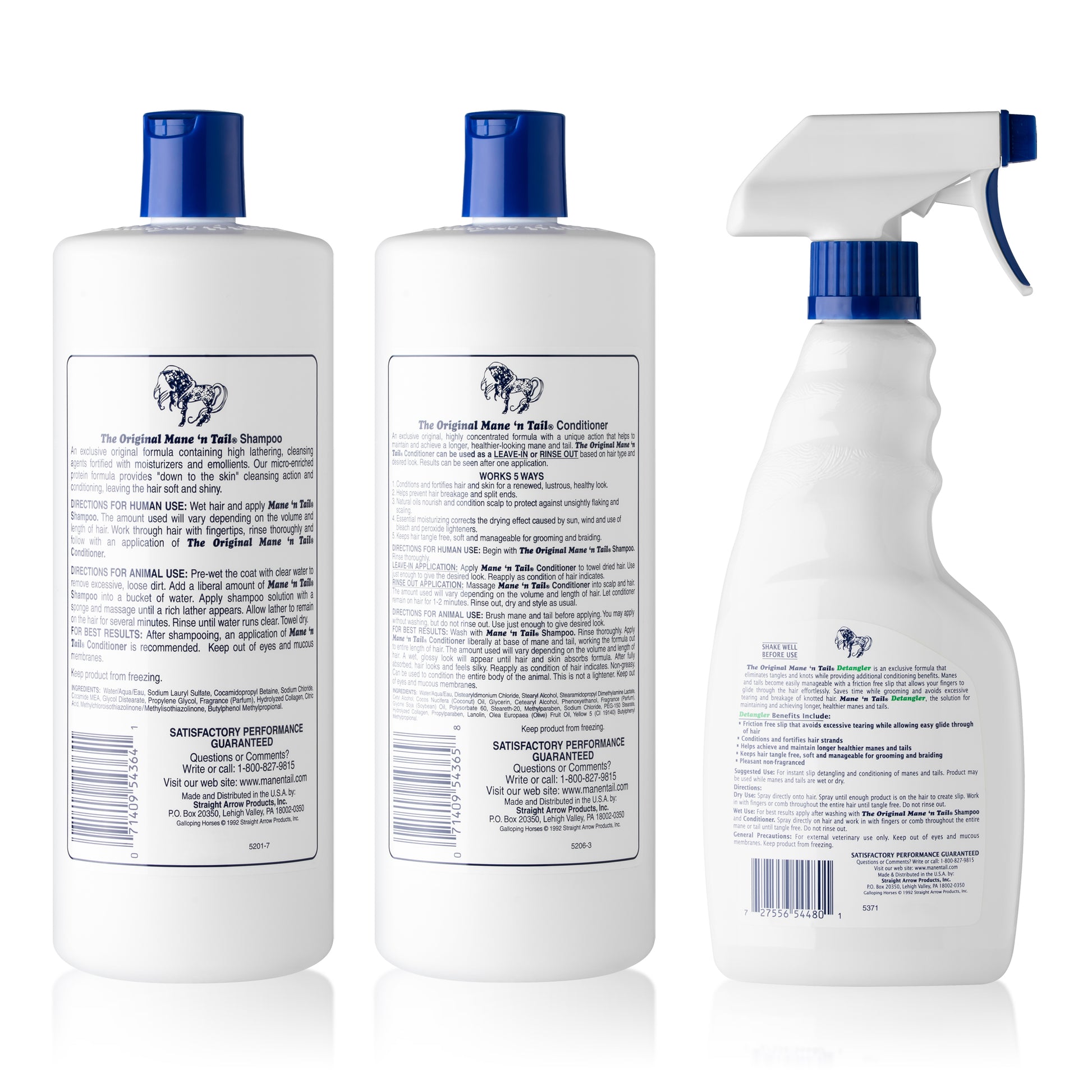 Back of three branded Mane 'n Tail bottles. From left to right, The 32 Ounce Original Mane 'n Tail and Body Shampoo, The 32 Ounce Mane 'n Tail Conditioner, The 16 Ounce Detangler with a spray top. In a white background