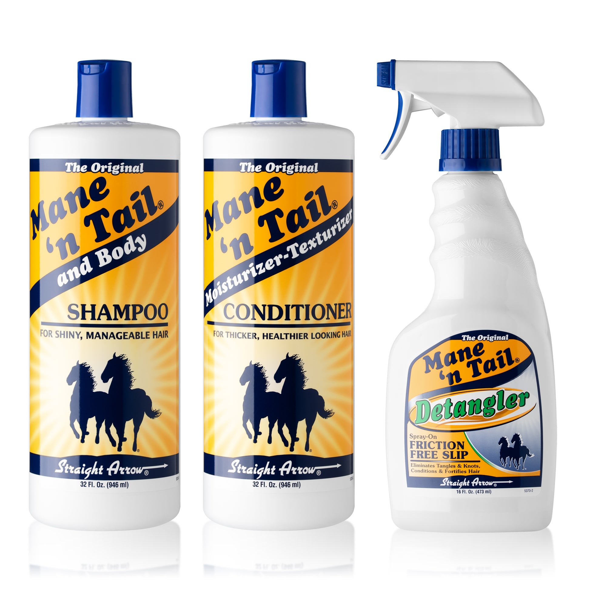 Front of three branded Mane 'n Tail bottles. From left to right, The 32 Ounce Original Mane 'n Tail and Body Shampoo, The 32 Ounce Mane 'n Tail Conditioner, The 16 Ounce Detangler with a spray top. In a white background