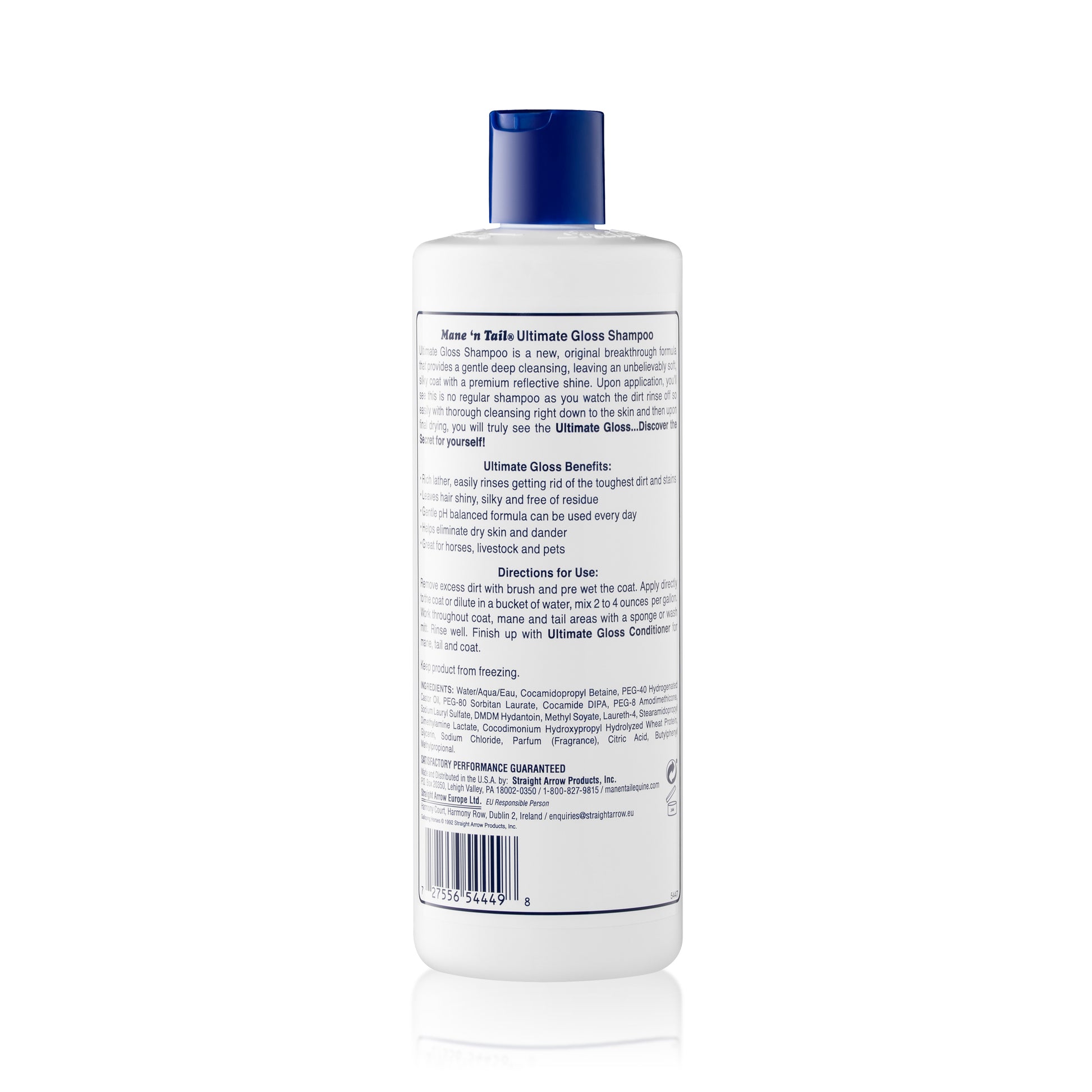 Back of branded Mane 'n Tail 16 Ounce Ultimate Gloss Shampoo.