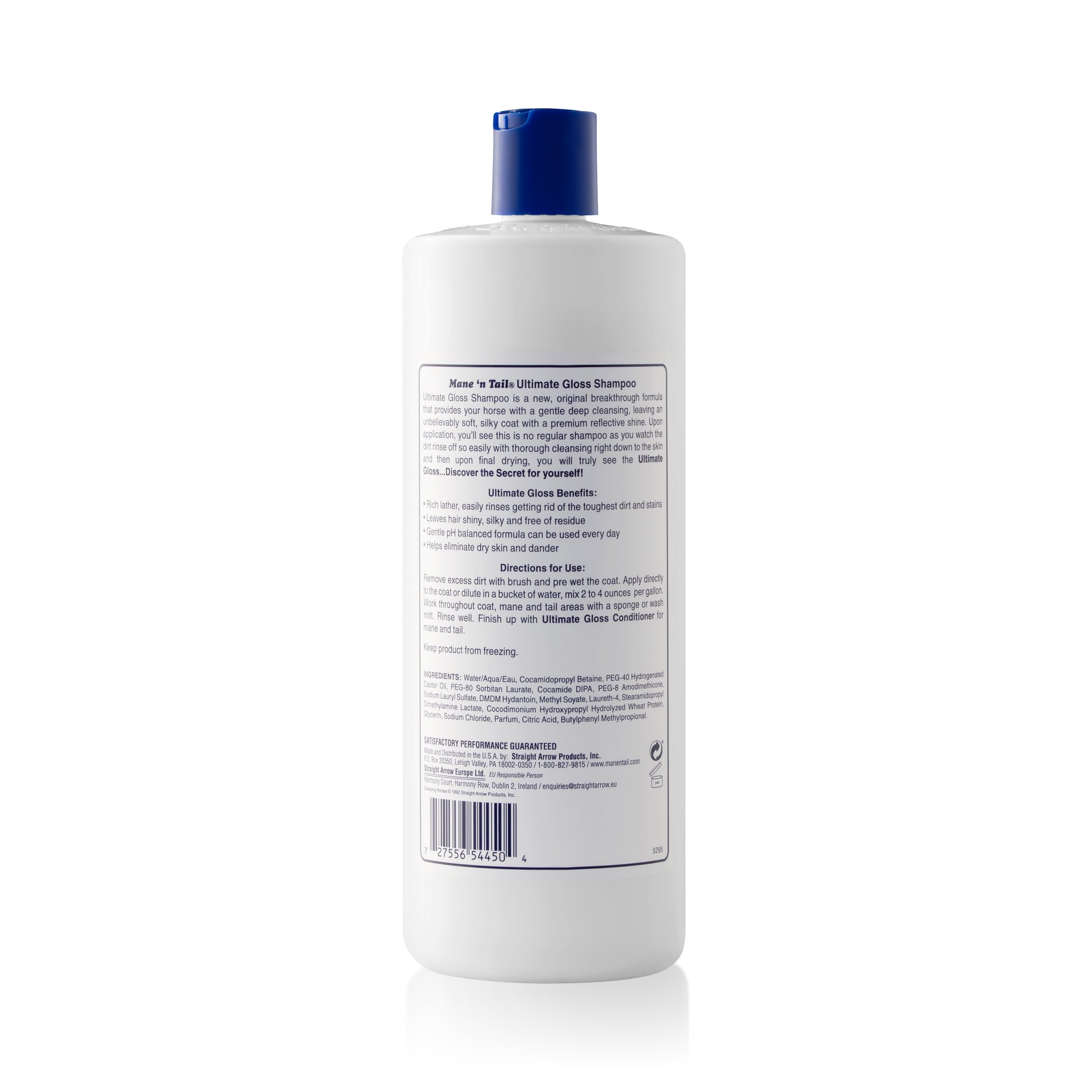 Back of branded Mane 'n Tail 32 Ounce Ultimate Gloss Shampoo.