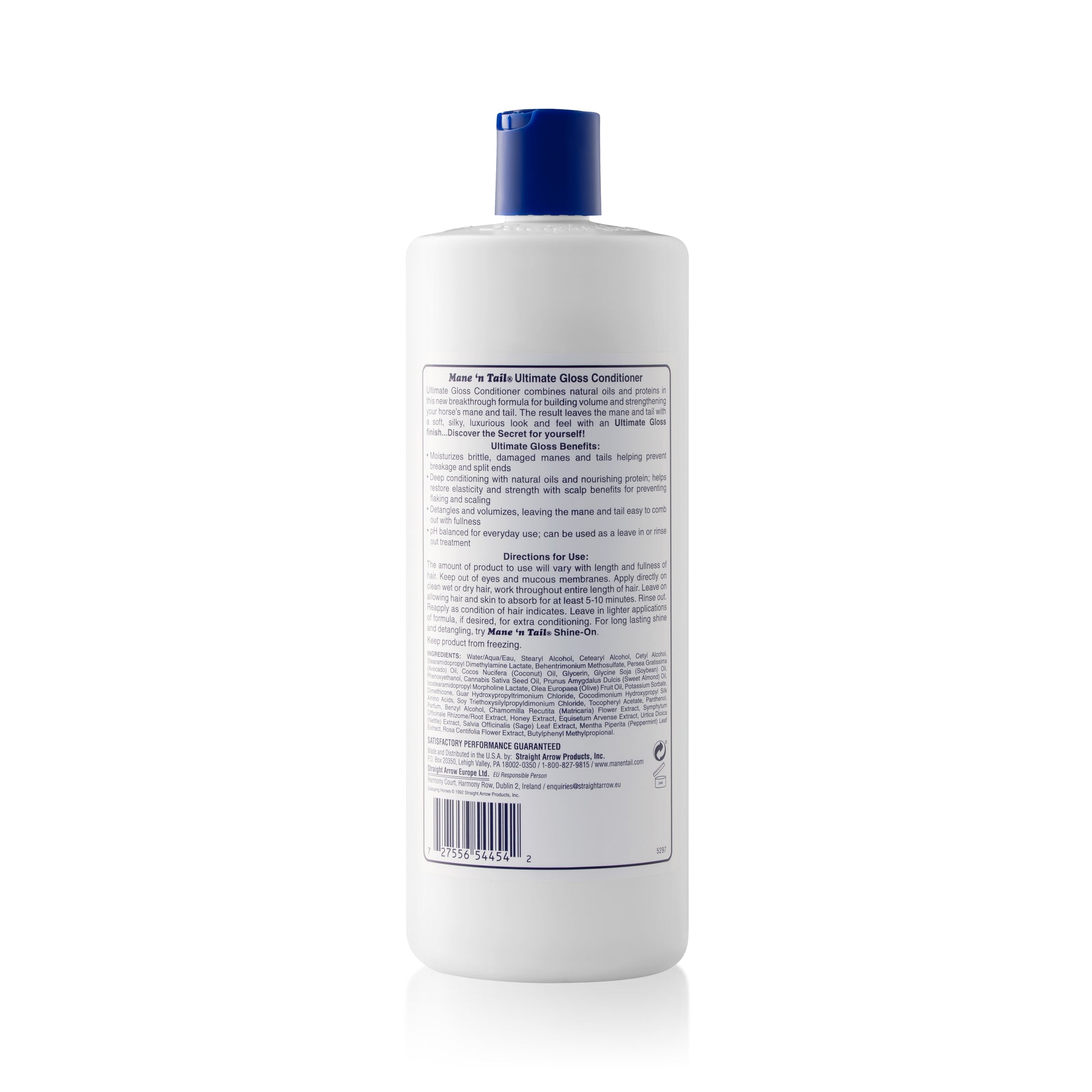 Back of branded Mane 'n Tail 32 Ounce Ultimate Gloss Conditioner. On a white background.