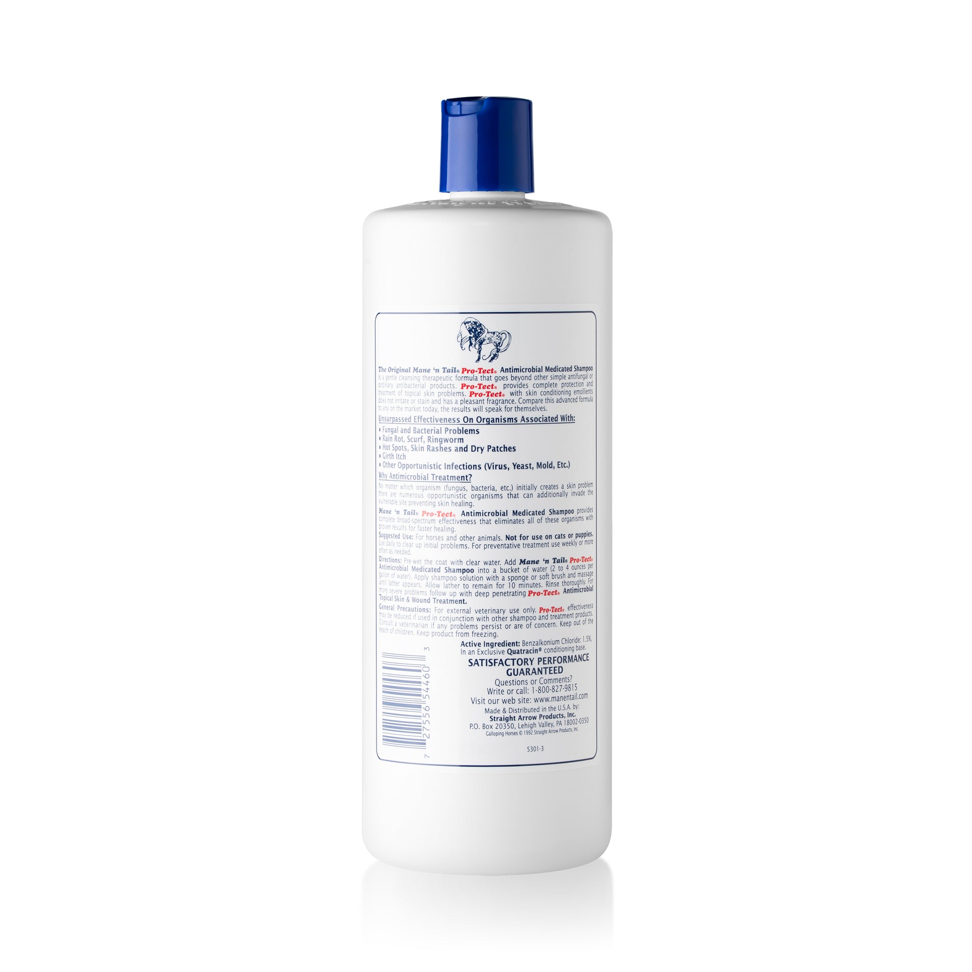 Back of branded Mane 'n Tail 32 Ounce Pro-Tect Antimicrobial Medicated Shampoo.