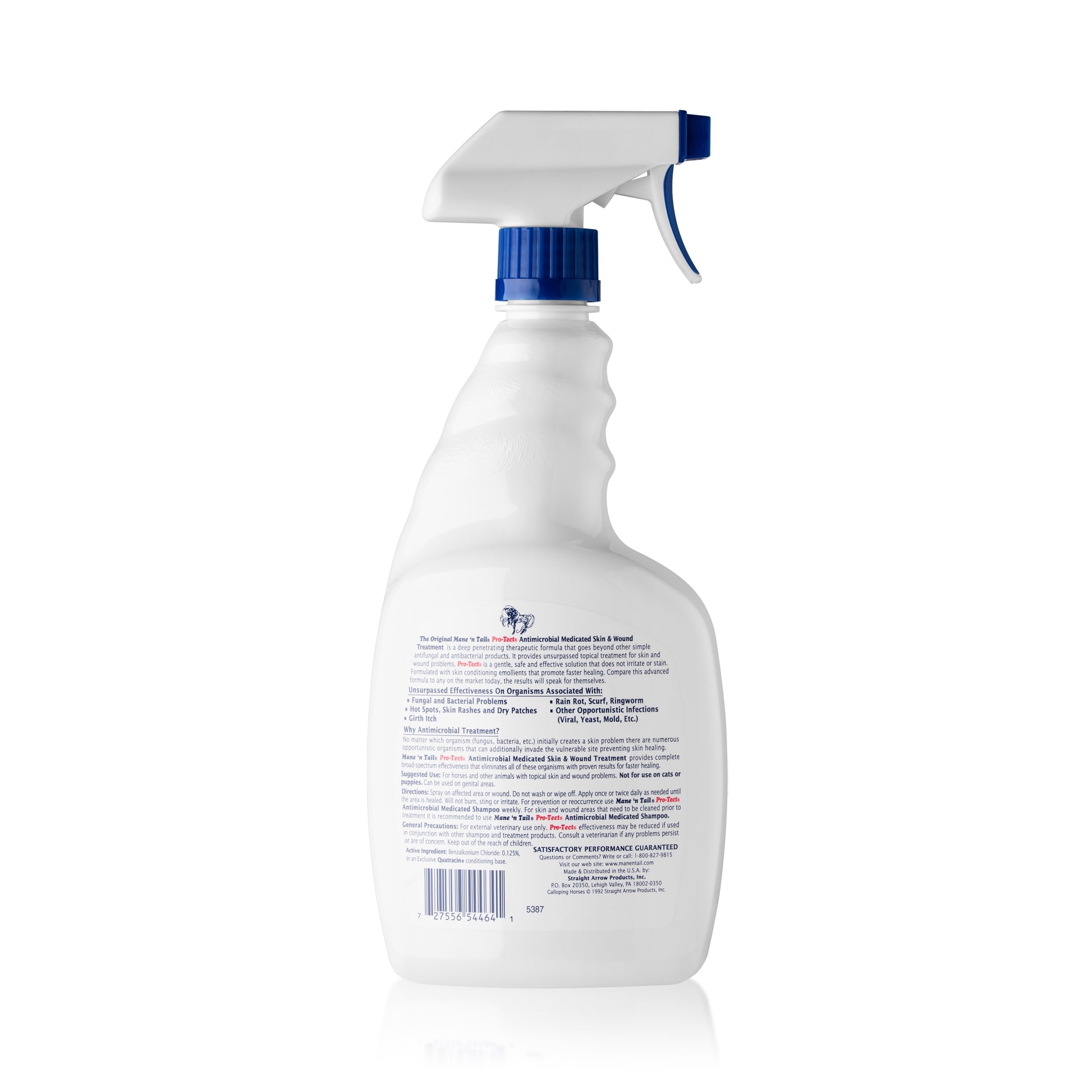 Back of branded 32 Ounce Mane 'n Tail Pro-Tect Spray. On a white background