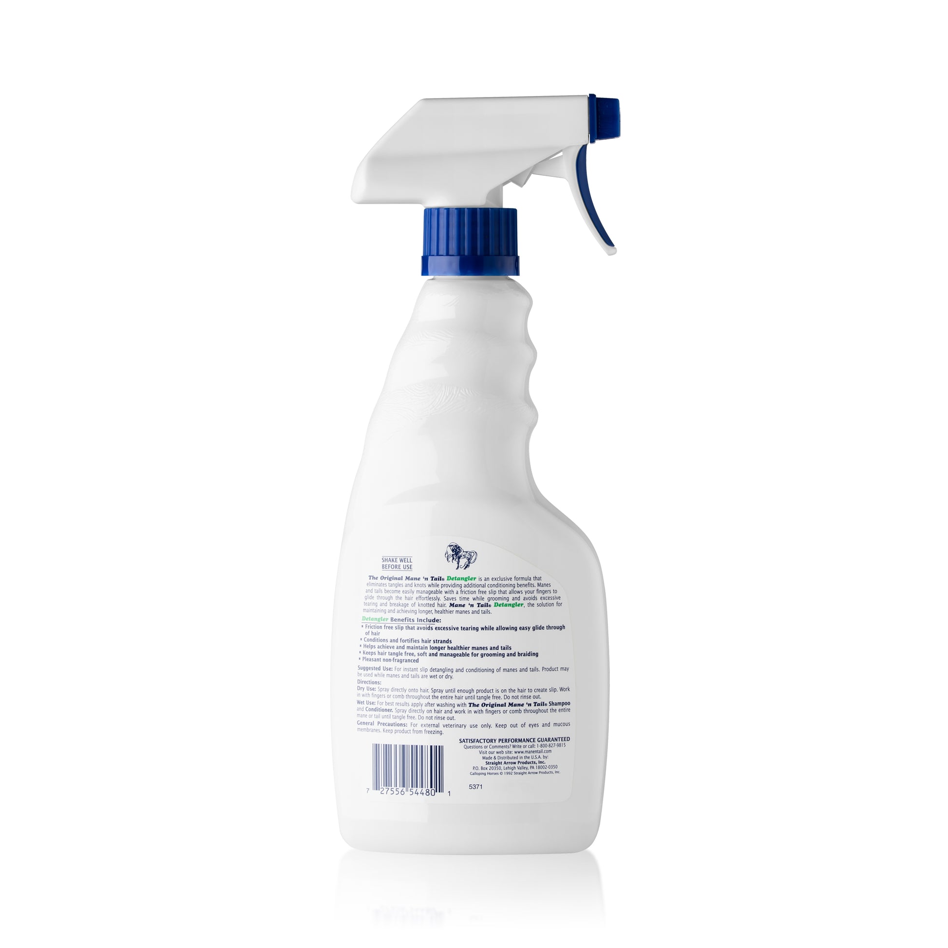Back of branded 16 Ounce Mane 'n Tail Detangler Spray. On a white background
