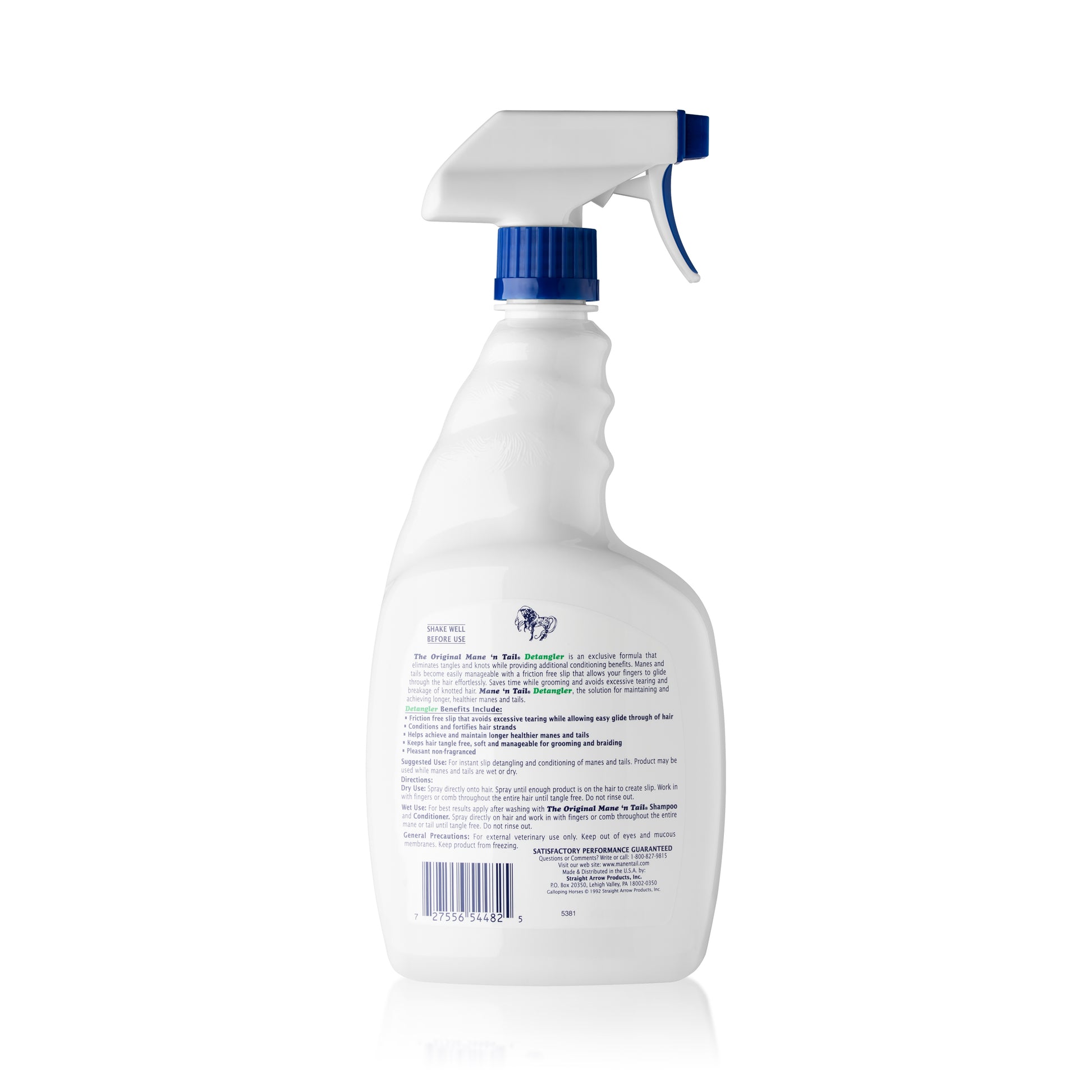 Back of branded 32 Ounce Mane 'n Tail Detangler Spray. On a white background