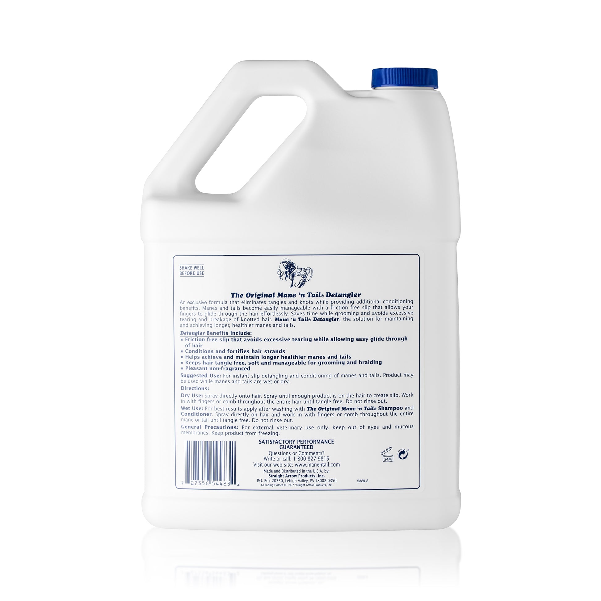 Back of branded 1 Gallon Mane 'n Tail Detangler. On a white background