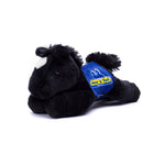 Small Beau Horse horse stuffed animal wearing a royal blue branded mane 'n tail saddle. Standing in the white background