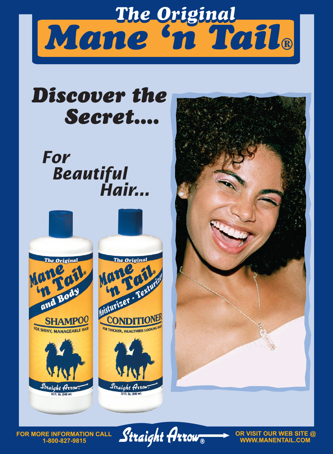 Advertisement for Mane 'n Tail hair care products featuring a woman with curly hair.