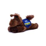 Small Chestnut horse stuffed animal wearing a royal blue branded mane 'n tail saddle. Standing in a white background