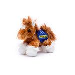 Small orange Clydes horse stuffed animal wearing a royal blue branded mane 'n tail saddle. Standing in a white background
