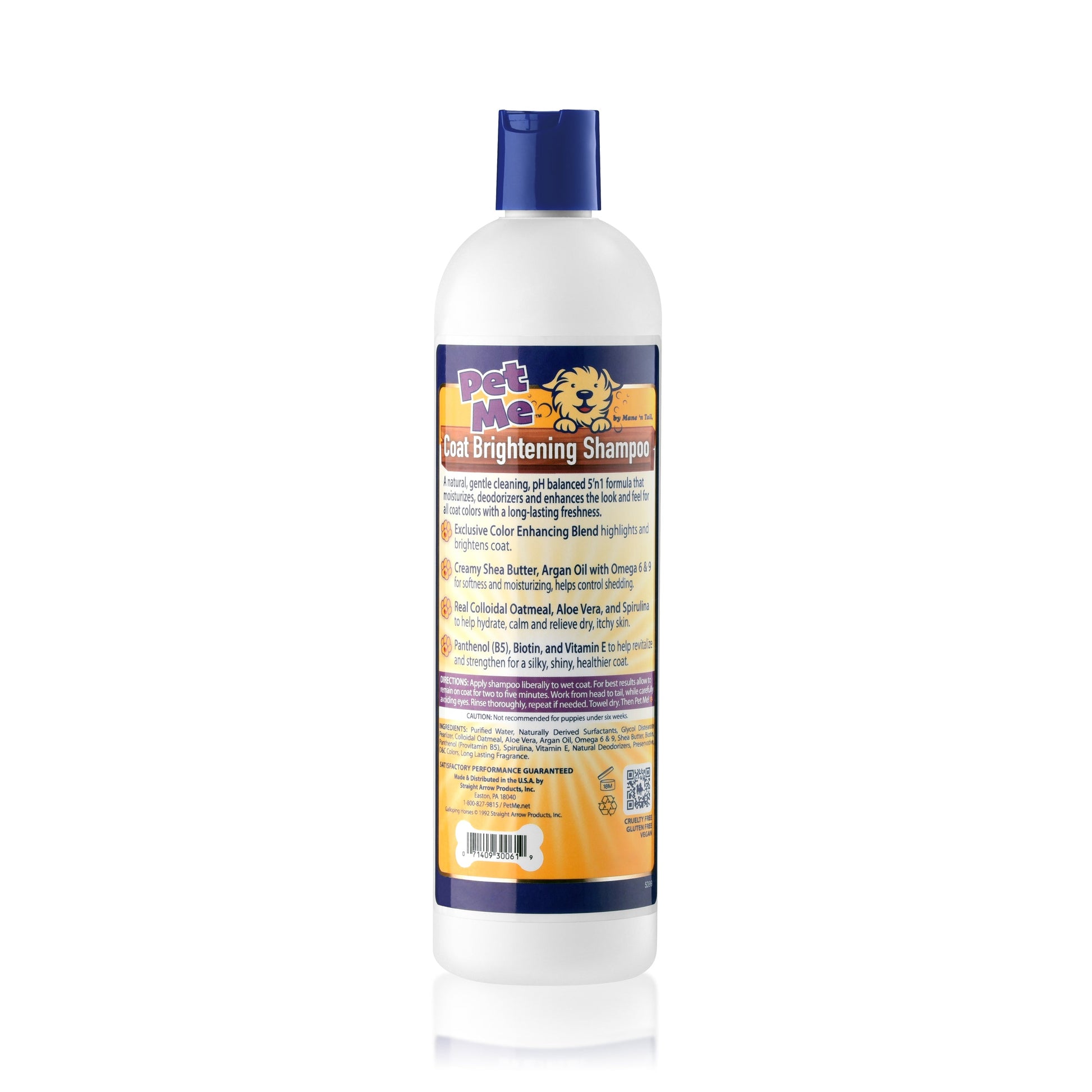 Back of a branded 16 oz Mane 'n Tail Pet Me Coat Brightening Shampoo.