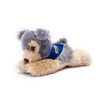 Small Yorkshire Terrier dog stuffed animal wearing a royal blue branded mane 'n tail bandana. Standing in a white background