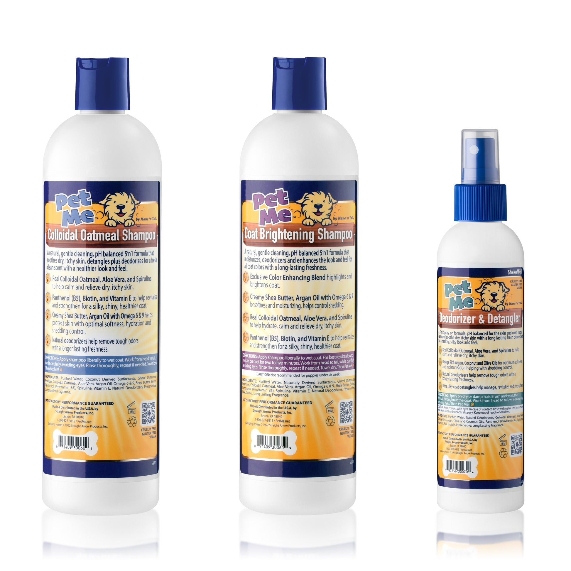 Back of three branded Mane 'n Tail Pet Me bottles. From left to right The 16 Ounce Mane 'n Tail Pet Me Colloidal Oatmeal Shampoo, The 16 Ounce Mane 'n Tail Pet Me Coat Brightening Shampoo, The 8 Ounce Mane 'n Tail Pet Me Deodorizer & Detangler. On a white background.