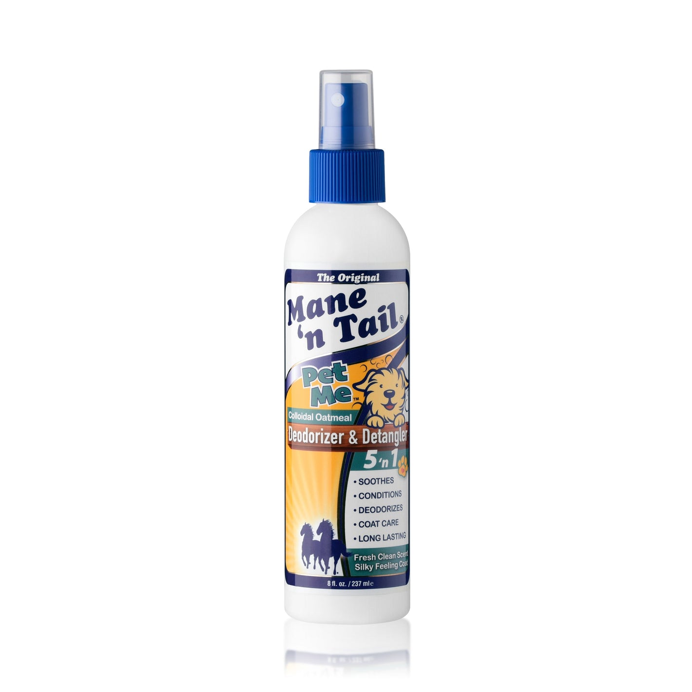 Front of a branded 8 oz Mane 'n Tail Pet Me Deodorizer & Detangler.