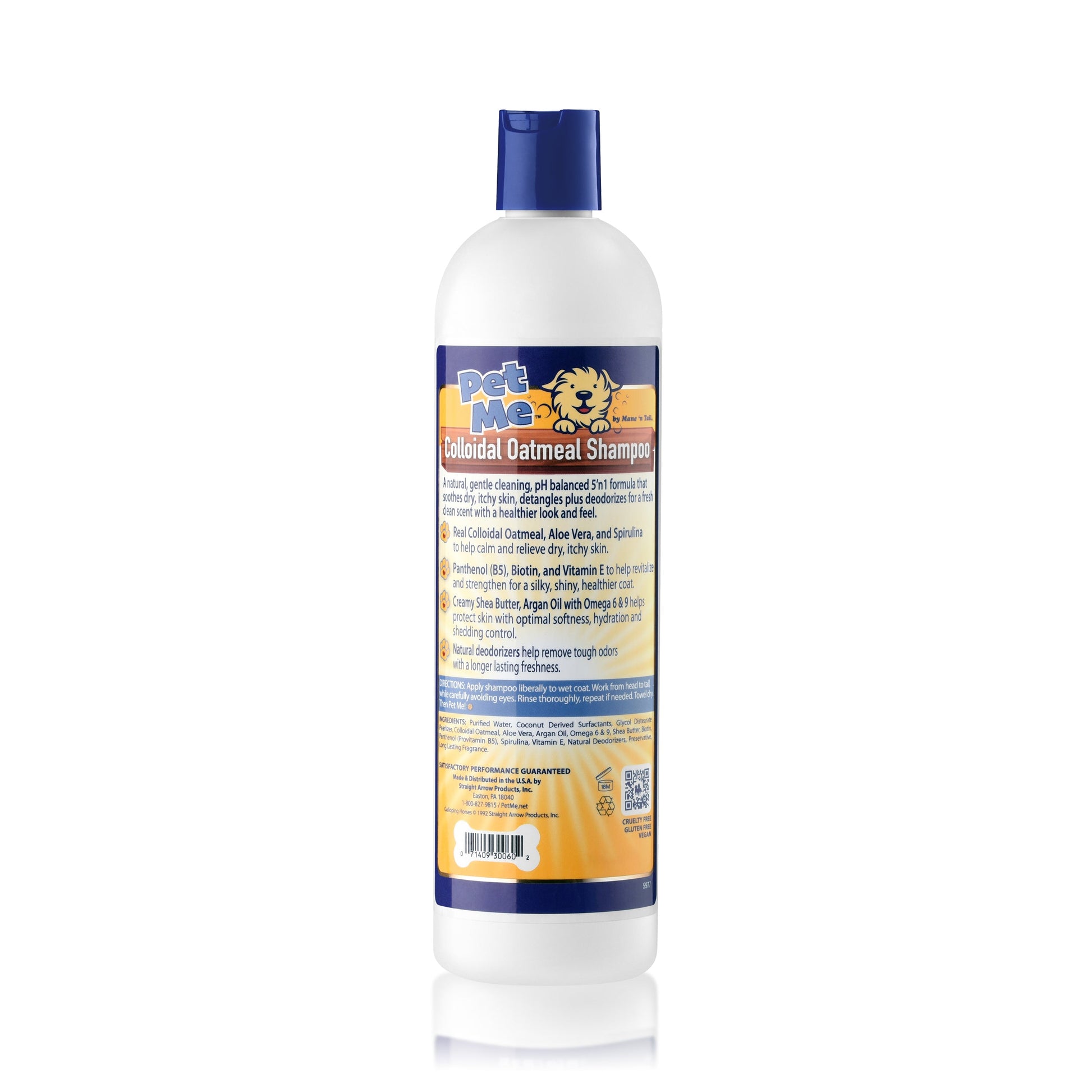 Back of a branded 16 oz Mane 'n Tail Pet Me Colloidal Oatmeal Shampoo.