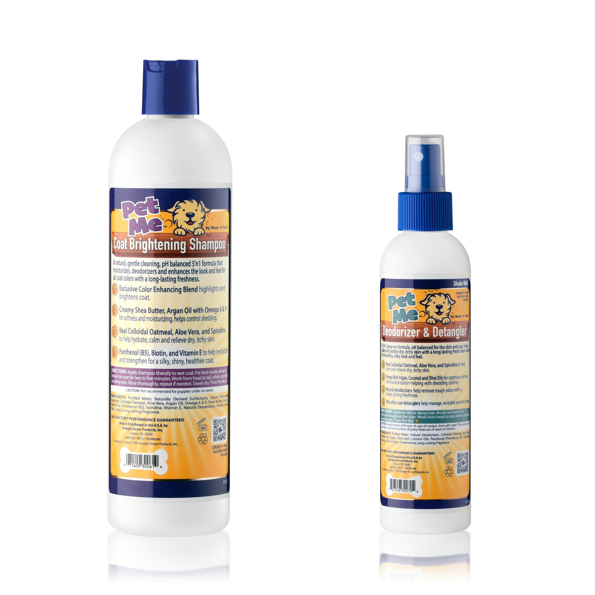 Back of a two branded Mane 'n Tail Pet Me bottles. From left to right The 16 Ounce Mane 'n Tail Pet Me Coat Brightening Shampoo, The 8 Ounce Mane 'n Tail Pet Me Deodorizer & Detangler. On a white background.