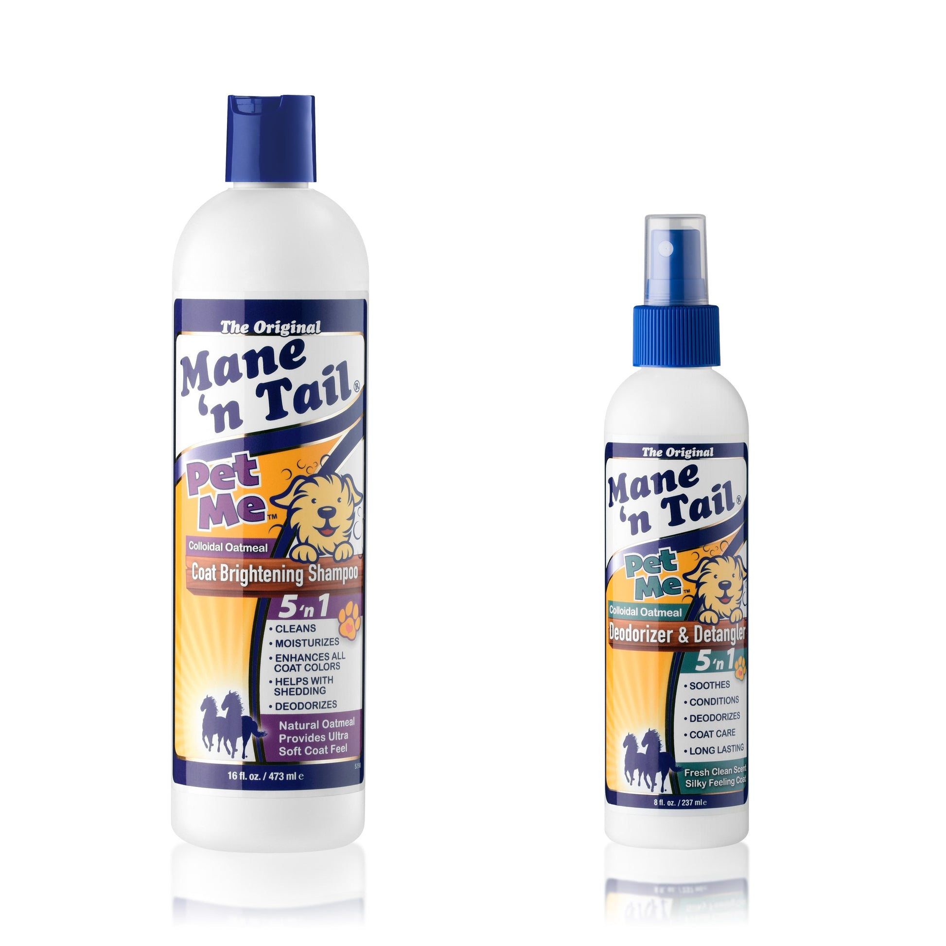 Back of a two branded Mane 'n Tail Pet Me bottles. From left to right The 16 Ounce Mane 'n Tail Pet Me Colloidal Oatmeal Shampoo, The 8 Ounce Mane 'n Tail Pet Me Deodorizer & Detangler. On a white background.