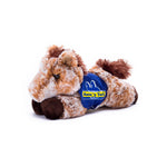 Small Mocha horse stuffed animal wearing a royal blue branded mane 'n tail saddle. Standing in a white background