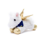 Small Pegasus horse stuffed animal wearing a royal blue branded mane 'n tail bandana. Standing in a white background