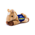 Small Prancer Horse horse stuffed animal wearing a royal blue branded mane 'n tail saddle. Standing in a white background