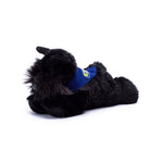 Small Scottish Terrier stuffed animal wearing a royal blue branded mane 'n tail bandana. Standing in a white background