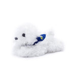 Small Snowball Bichon Frise stuffed animal wearing a royal blue branded mane 'n tail bandana. Standing in a white background.