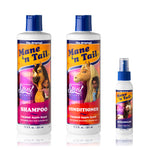 Front of Mane 'n Tail & Dreamworks collaboration Spirit Untamed. From left to right The 11.2 Ounce Mane 'n Tail Spirit Untamed Shampoo, The 11.2 Ounce Mane 'n Tail Spirit Untamed Conditioner, The 3.4 Ounce Mane 'n Tail Spirit Untamed Detangler Spray. On a white background.