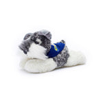 Small Stein Schnauzer stuffed animal wearing a royal blue branded mane 'n tail bandana. Standing in a white background.