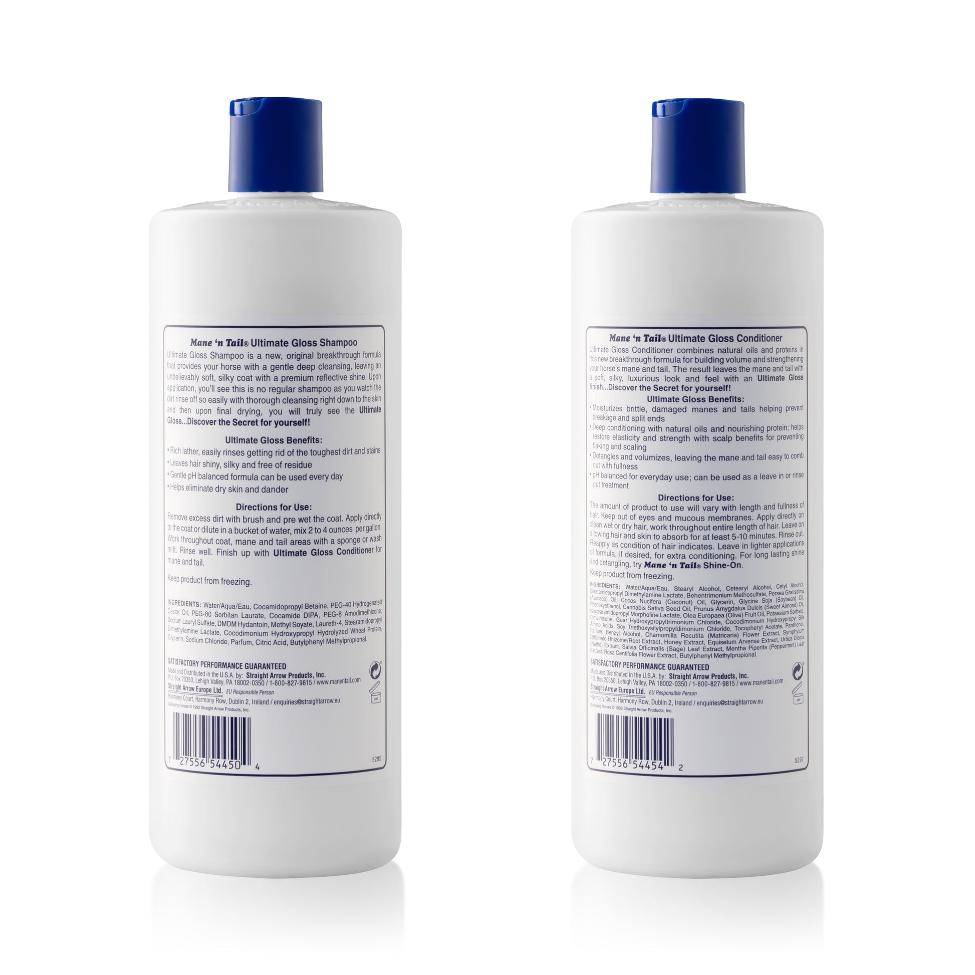 Back of two branded Mane 'n Tail bottles. From left to right, The 32 Ounce Ultimate Gloss Shampoo, The 32 Ounce Ultimate Gloss Conditioner. In a white background