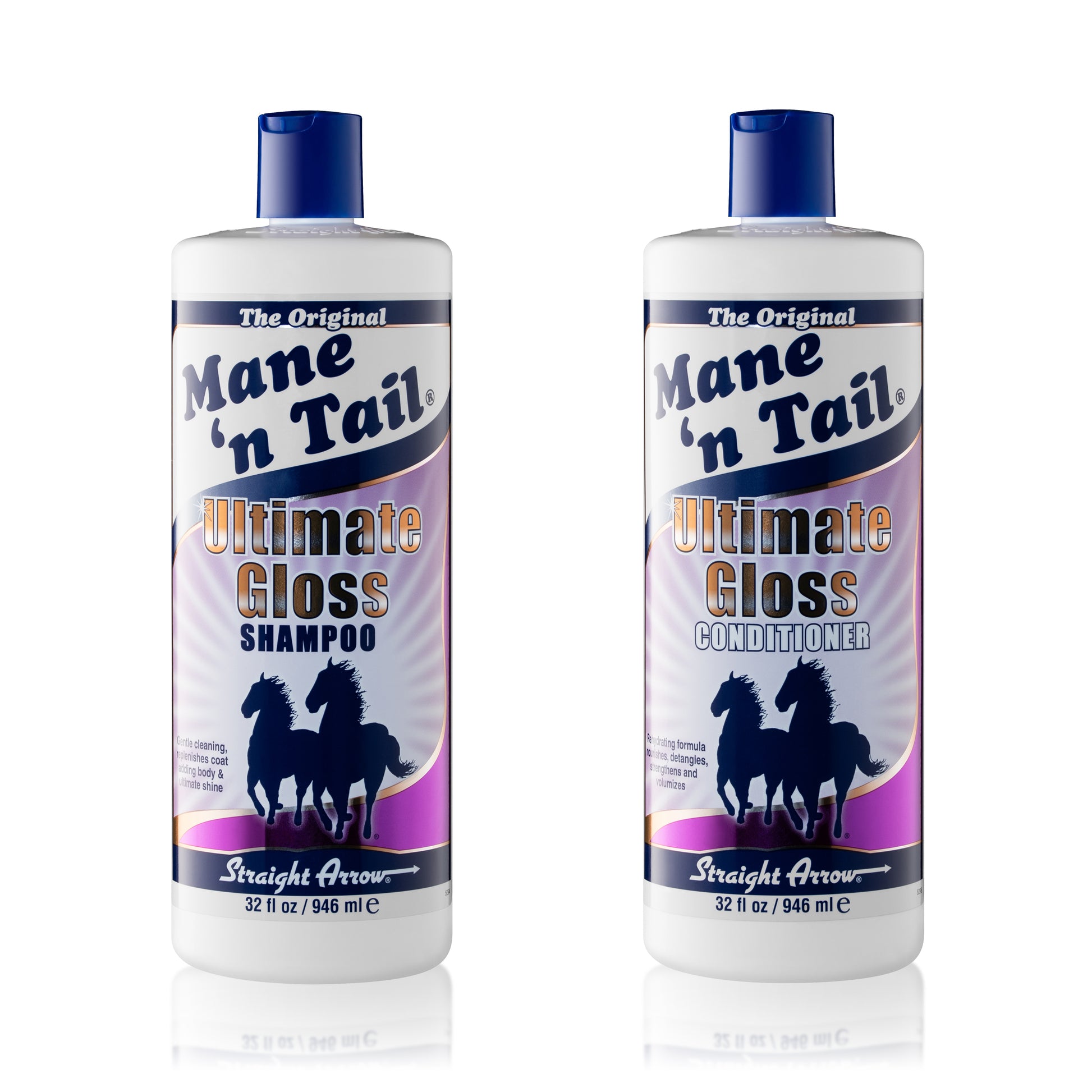 Front of two branded Mane 'n Tail bottles. From left to right, The 32 Ounce Ultimate Gloss Shampoo, The 32 Ounce Ultimate Gloss Conditioner. In a white background