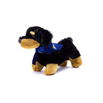 Small Vienna Dachshund stuffed animal wearing a royal blue branded mane 'n tail bandana. Standing in a white background.