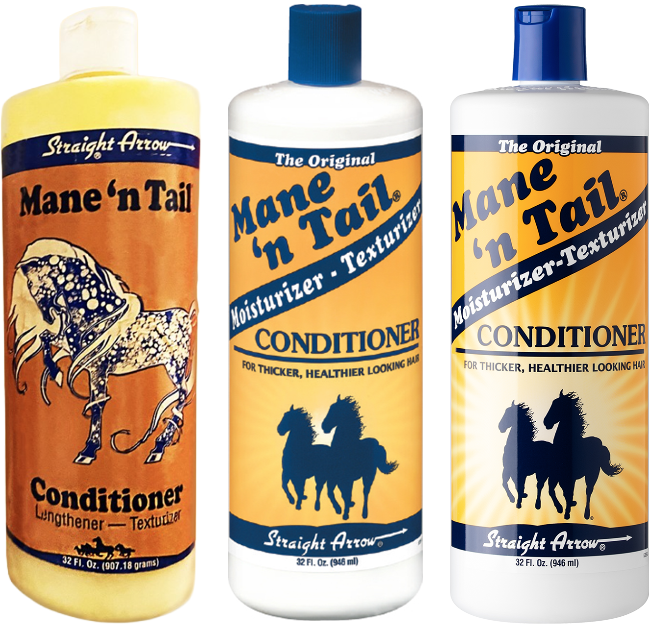 Three bottles of Mane 'n Tail conditioner with different labels on a white background.