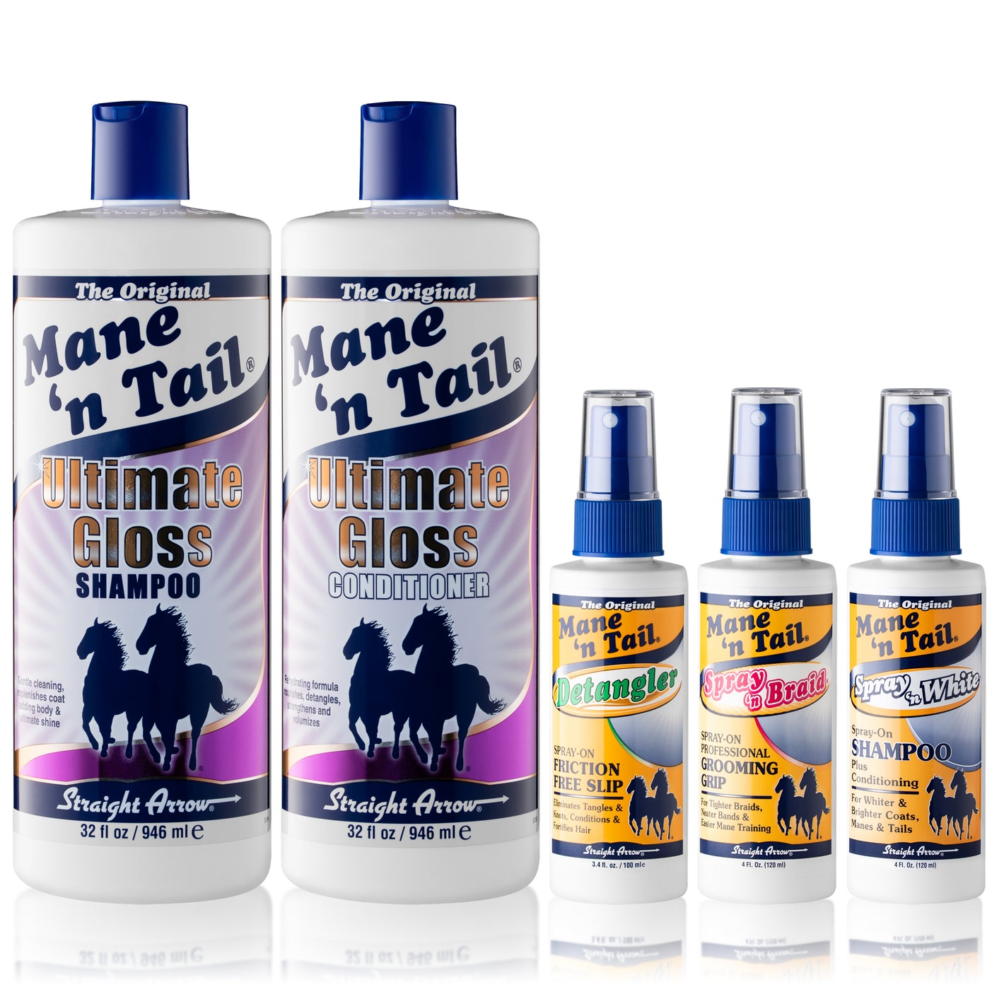 Front of five Mane 'n Tail branded bottles, from left to right they are The 32 Ounce Ultimate Gloss Shampoo, The 32 Ounce Ultimate Gloss Conditioner, The 3.5 Ounce Equine Detangler, The 4 Ounce Spray 'n Braid, The 4 Ounce Spray 'n White. In a white background