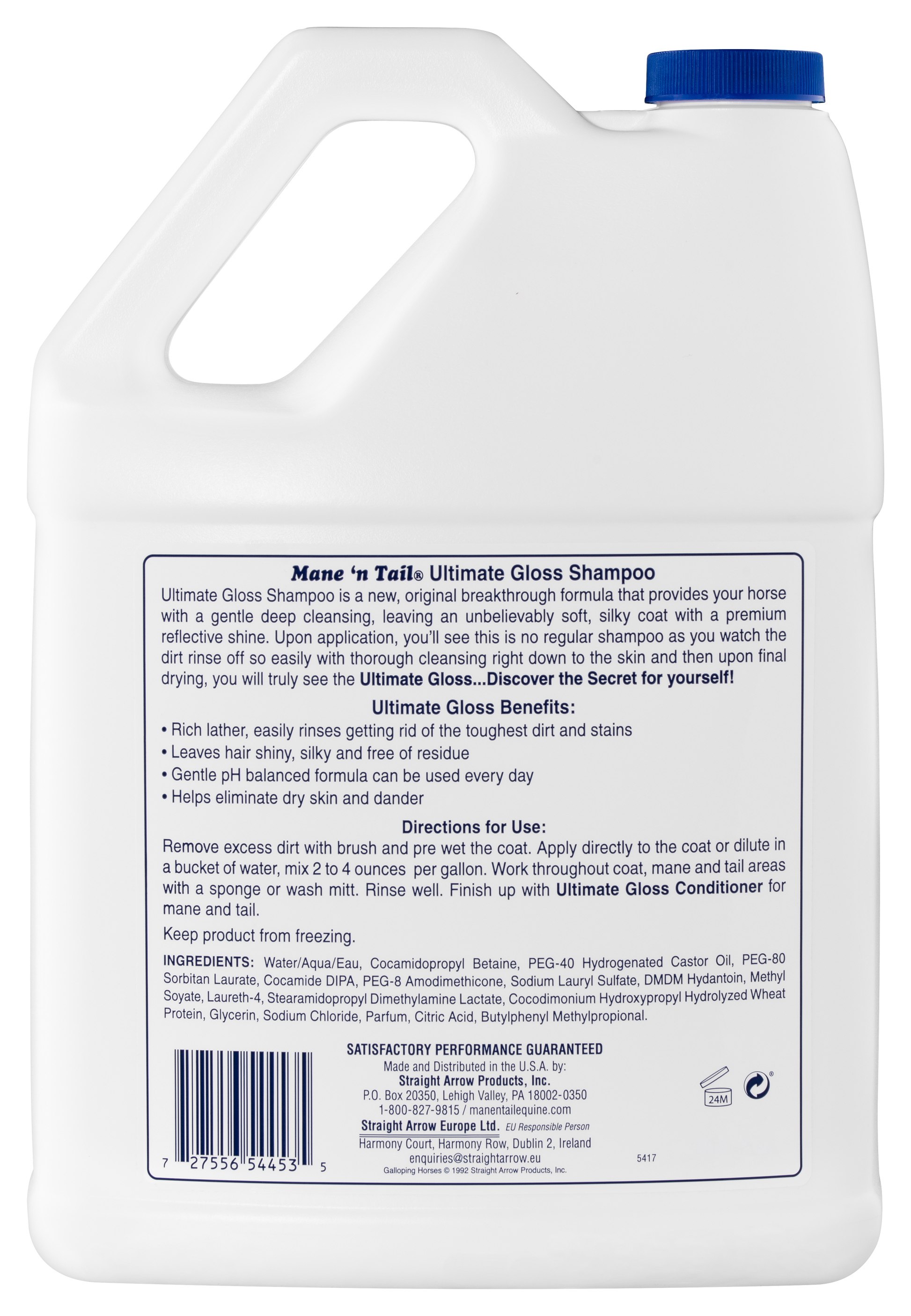 Back of branded Mane 'n Tail 1 Gallon Ultimate Gloss Shampoo.