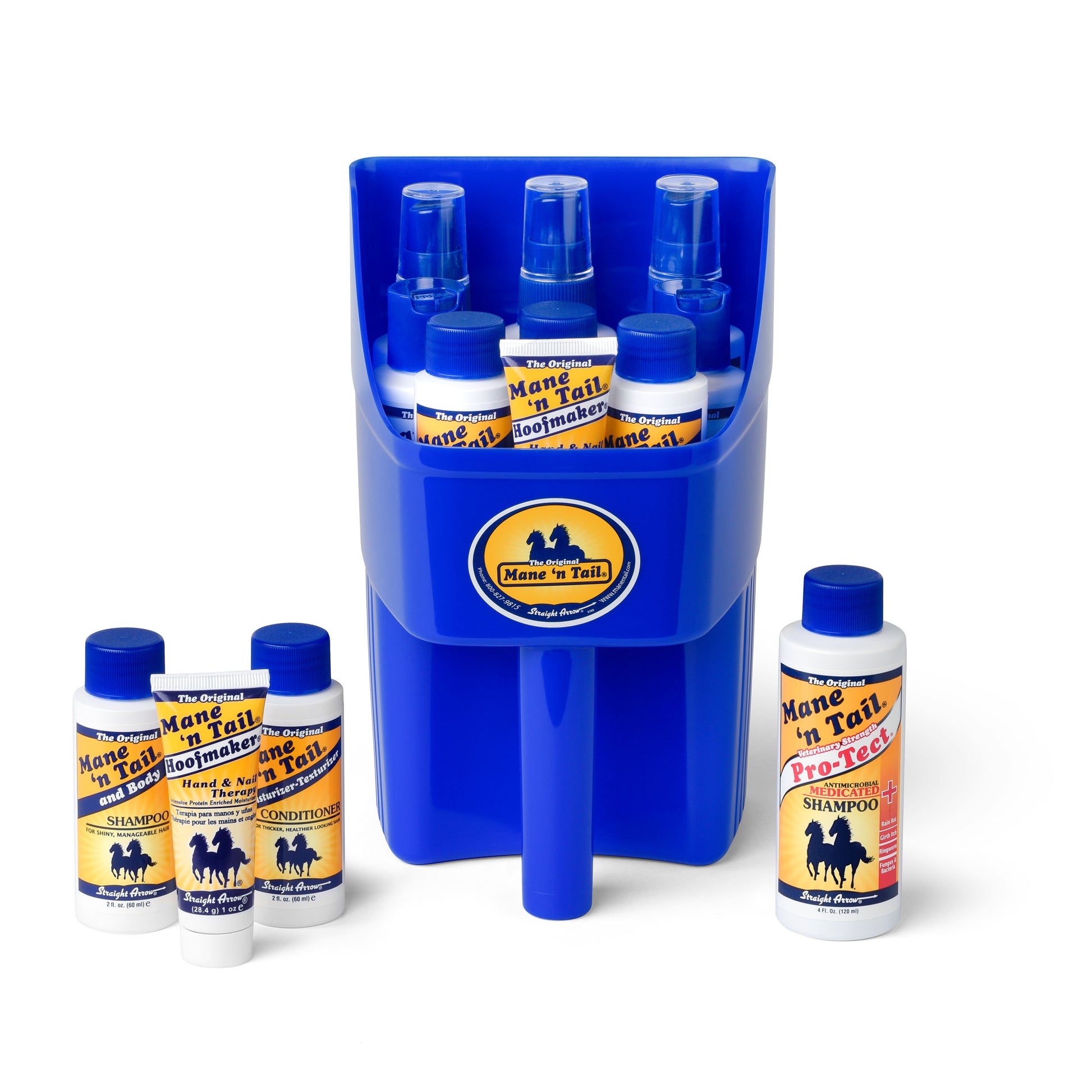 Front of Mane 'n Tail branded Sample Set with equine scoop. From left to right,The 2 Ounce Original Mane 'n Tail and Body Shampoo, The 1 ounce Mane 'n Tail  Hoofmaker, The 2 ounce Original Mane 'n Tail Conditioner, The 4 Ounce Pro-Tect Shampoo. On a white background