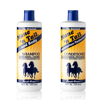 Front of two branded Mane 'n Tail bottles. From left to right, The 16 Ounce Original Mane 'n Tail and Body Shampoo, The 16 Ounce Original Mane 'n Tail Conditioner. In a white background