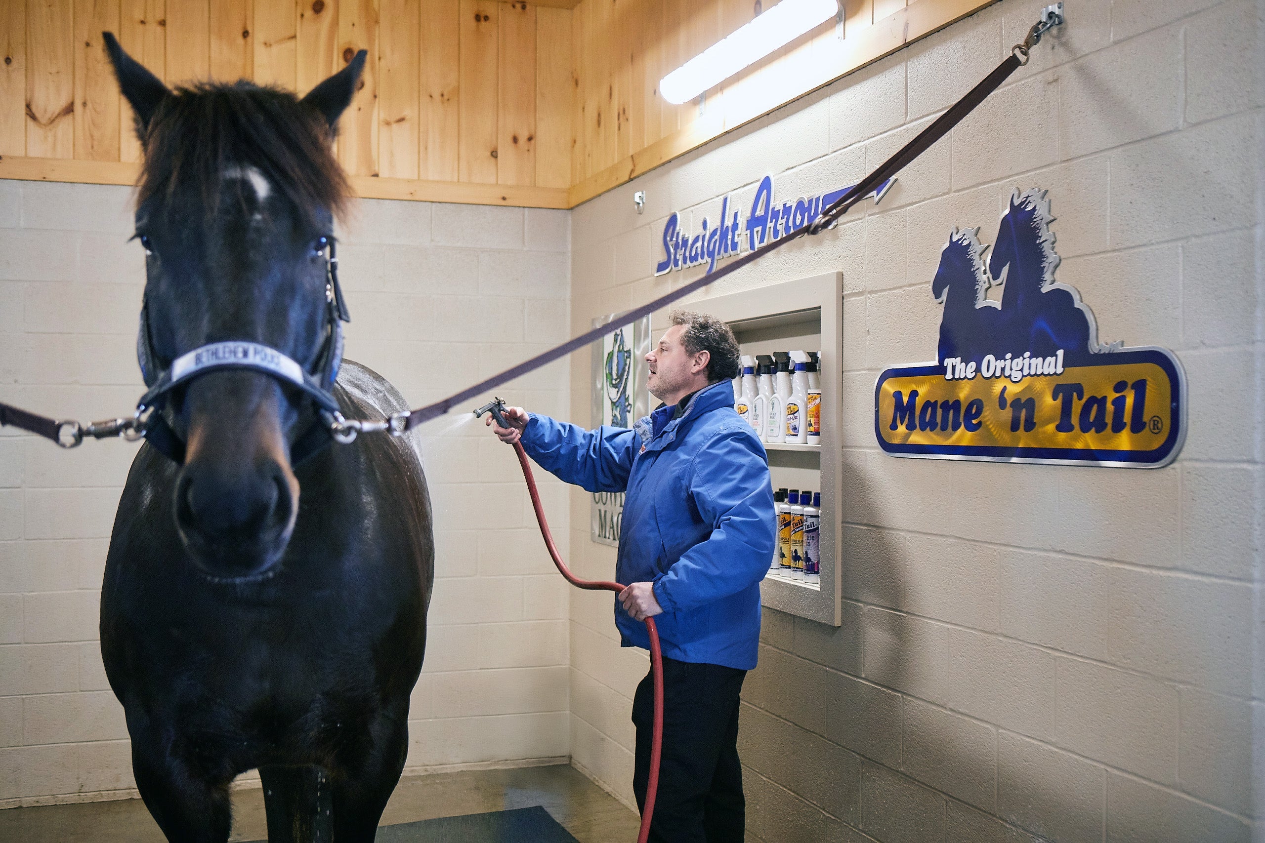 Man washing a horse with a hose in a barn setting
