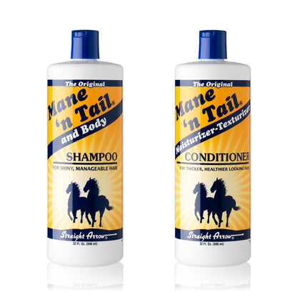 Front of two branded Mane 'n Tail bottles. From left to right, The 32 Ounce Original Mane 'n Tail and Body Shampoo, The 32 Ounce Original Mane 'n Tail Conditioner. In a white background