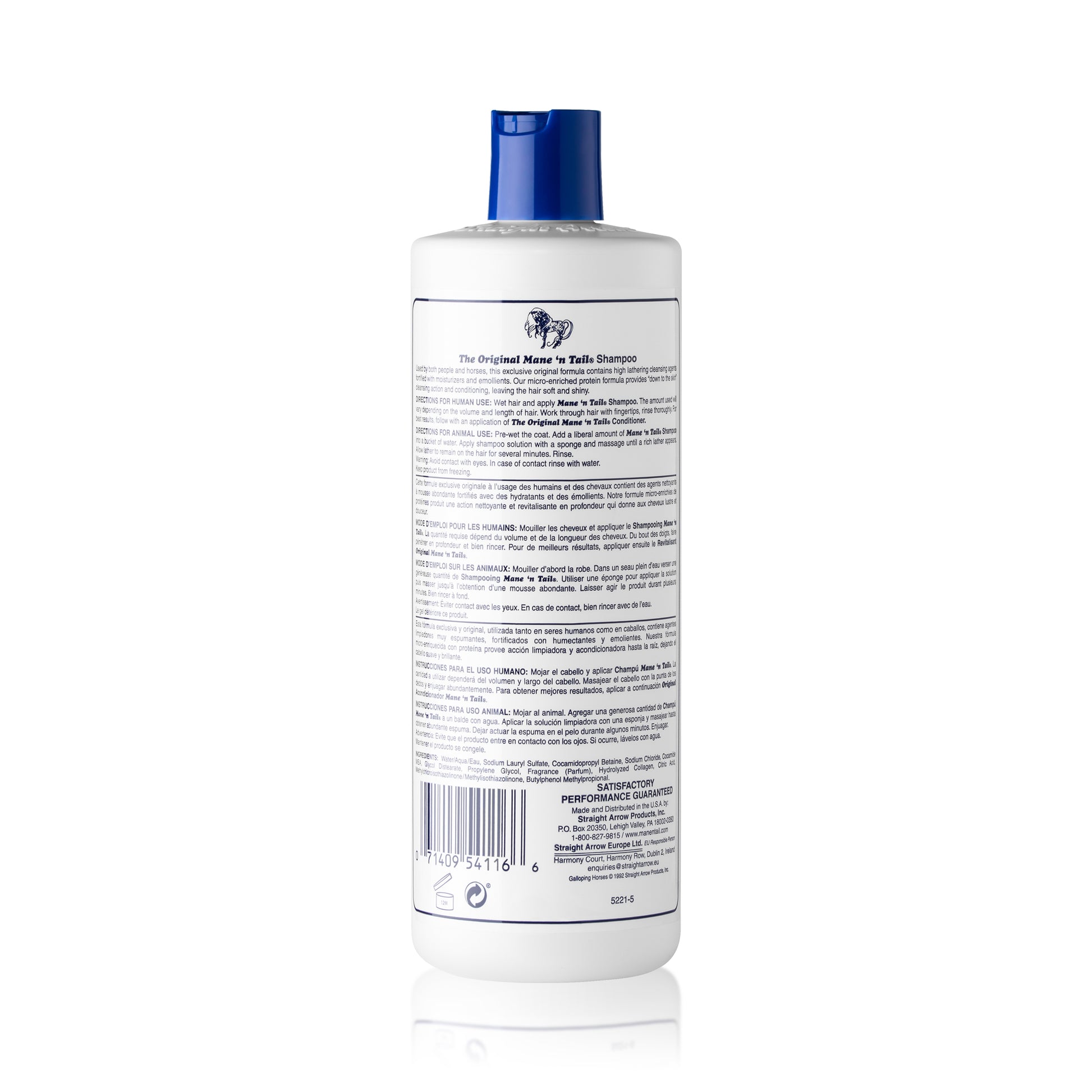 Back of branded Mane 'n Tail 16 Ounce Original Mane 'n Tail and Body Shampoo. On a white background