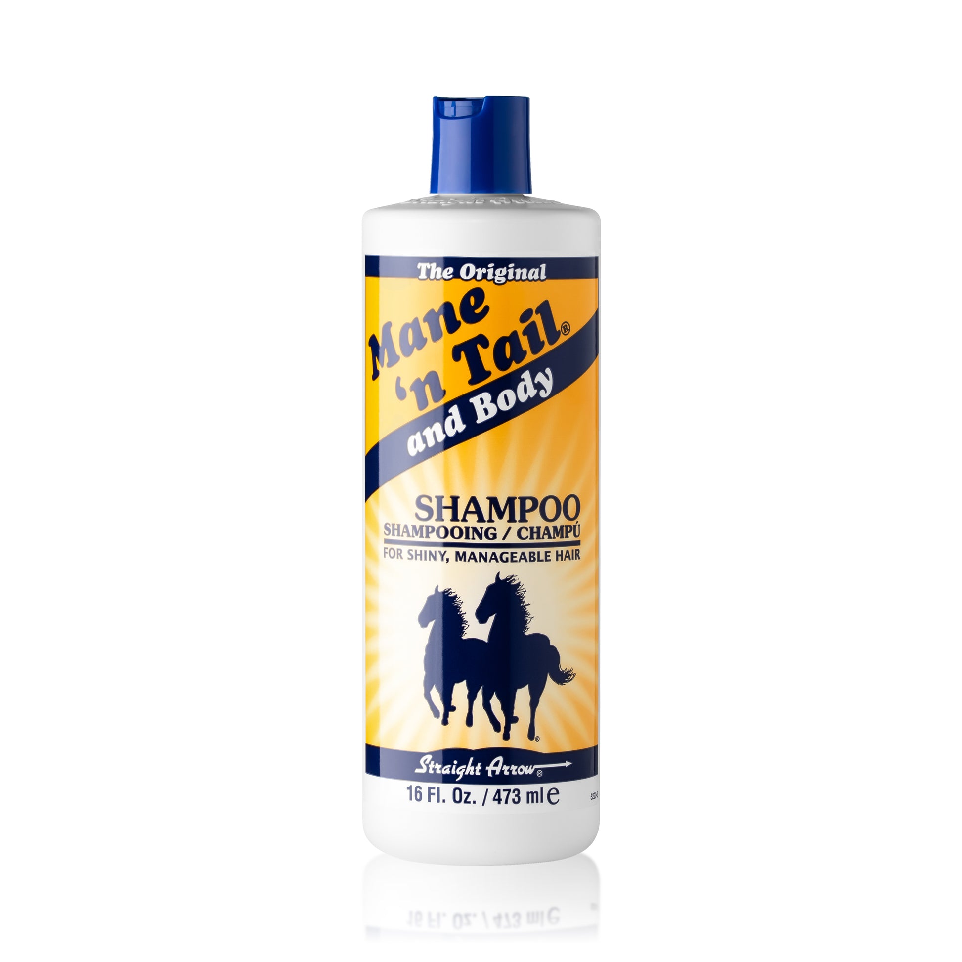 Front of branded Mane 'n Tail 16 Ounce Original Mane 'n Tail and Body Shampoo. On a white background
