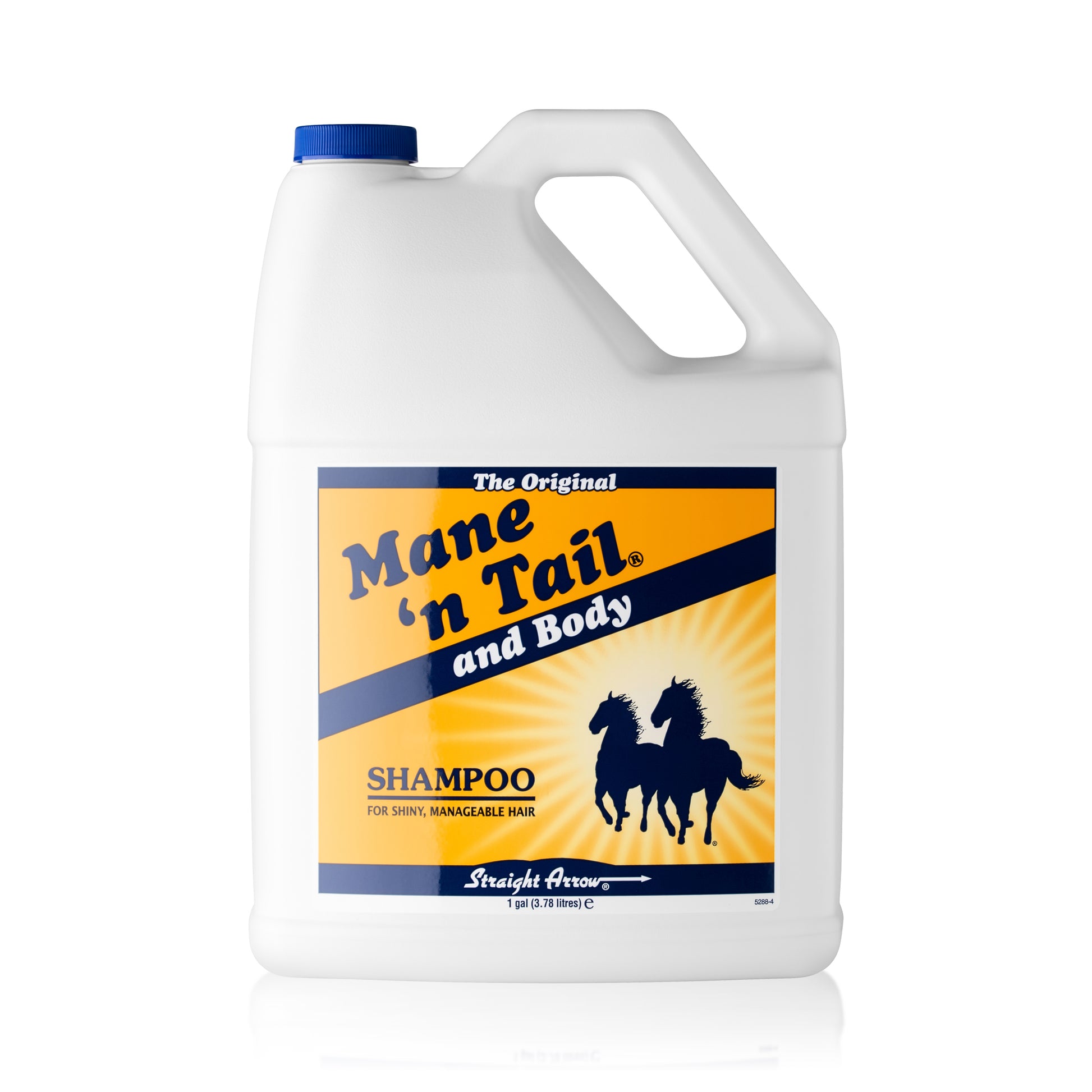 Front of branded Mane 'n Tail 1 Gallon Original Mane 'n Tail and Body Shampoo. On a white background