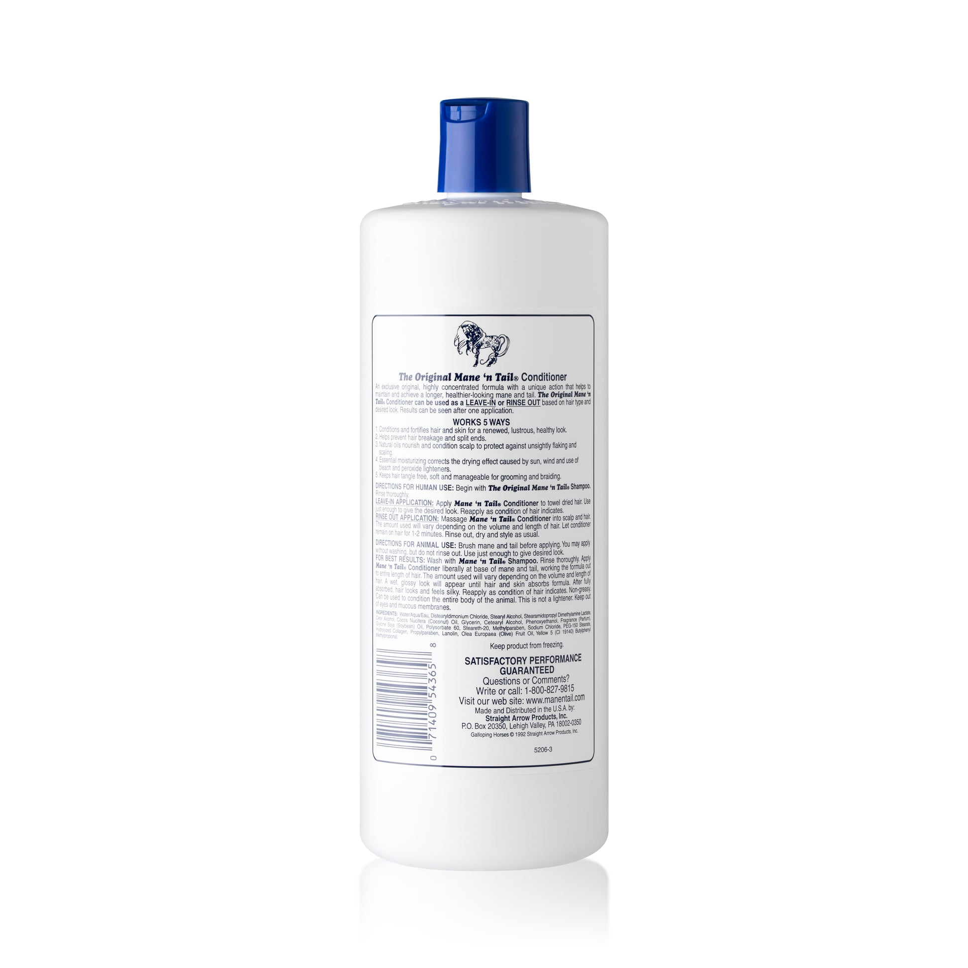 Back of branded Mane 'n Tail 32 Ounce Original Mane 'n Tail Conditioner. On a white background.