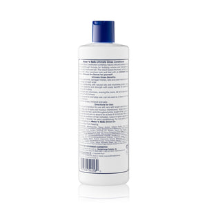 Back of branded Mane 'n Tail 16 Ounce Ultimate Gloss Conditioner. On a white background.