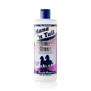 Front of branded Mane 'n Tail 16 Ounce Ultimate Gloss Conditioner. On a white background.