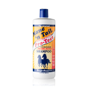 Front of branded Mane 'n Tail 32 Ounce Pro-Tect Antimicrobial Medicated Shampoo.
