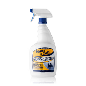 Front of branded 32 Ounce Mane 'n Tail Spray 'n White. On a white background