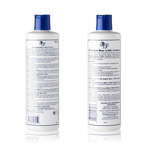 Back of two branded Mane 'n Tail bottles. From left to right, The 12 Ounce Original Mane 'n Tail and Body Shampoo, The 12 Ounce Original Mane 'n Tail Conditioner. In a white background