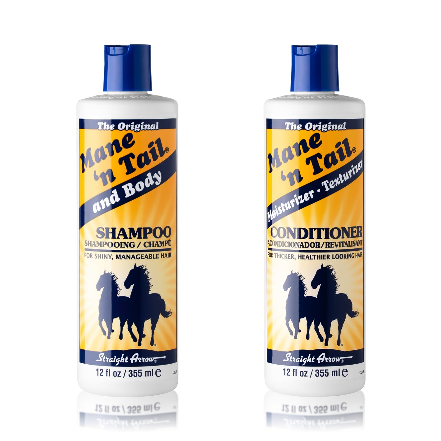 Front of two branded Mane 'n Tail bottles. From left to right, The 12 Ounce Original Mane 'n Tail and Body Shampoo, The 12 Ounce Original Mane 'n Tail Conditioner. In a white background